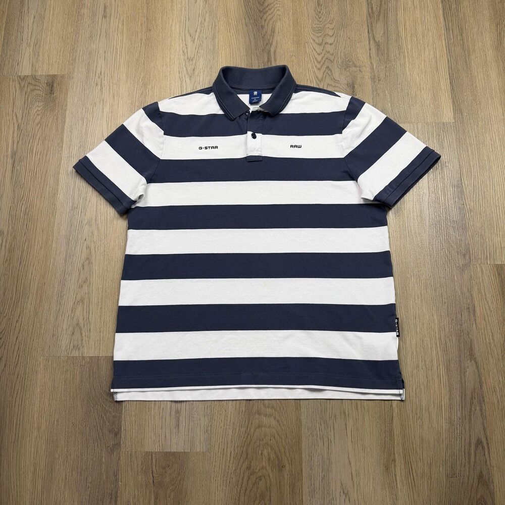 G-Star RAW Polo Shirt Mens XL Blue White Stripe Short Sleeve Logo Knit Casual